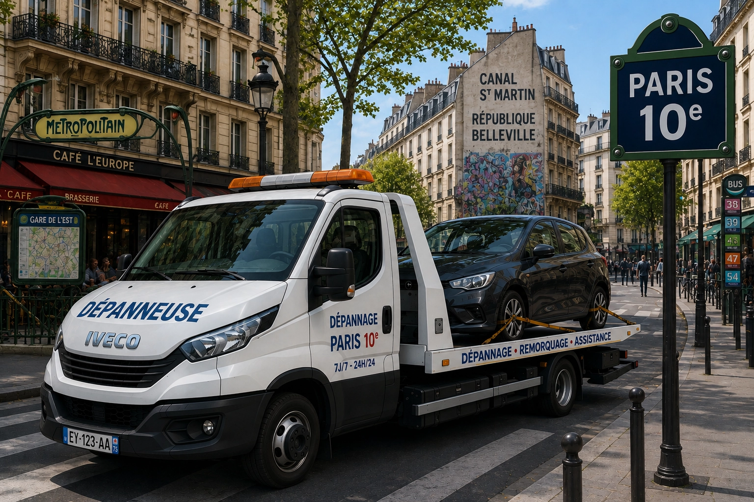 Dépanneuse Fast Depann chargeant une voiture sur plateau dans le 10e arrondissement de Paris