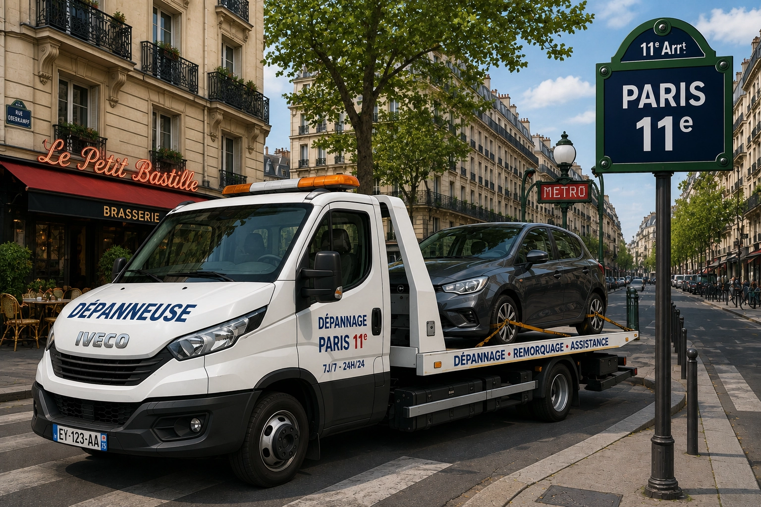 Dépanneuse Fast Depann chargeant une voiture sur plateau dans le 11e arrondissement de Paris