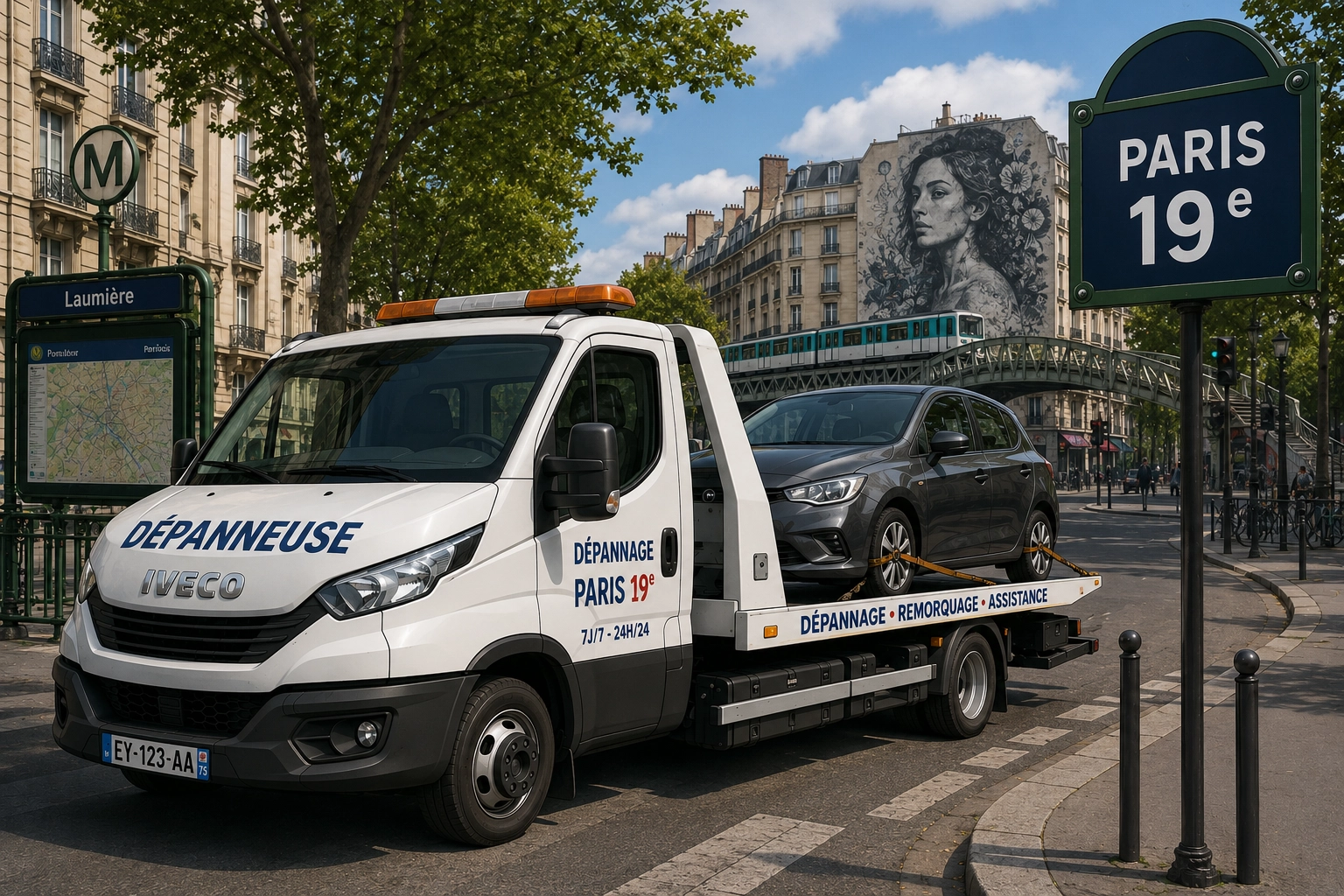 Dépanneuse Fast Depann chargeant une voiture sur plateau dans le 19e arrondissement de Paris