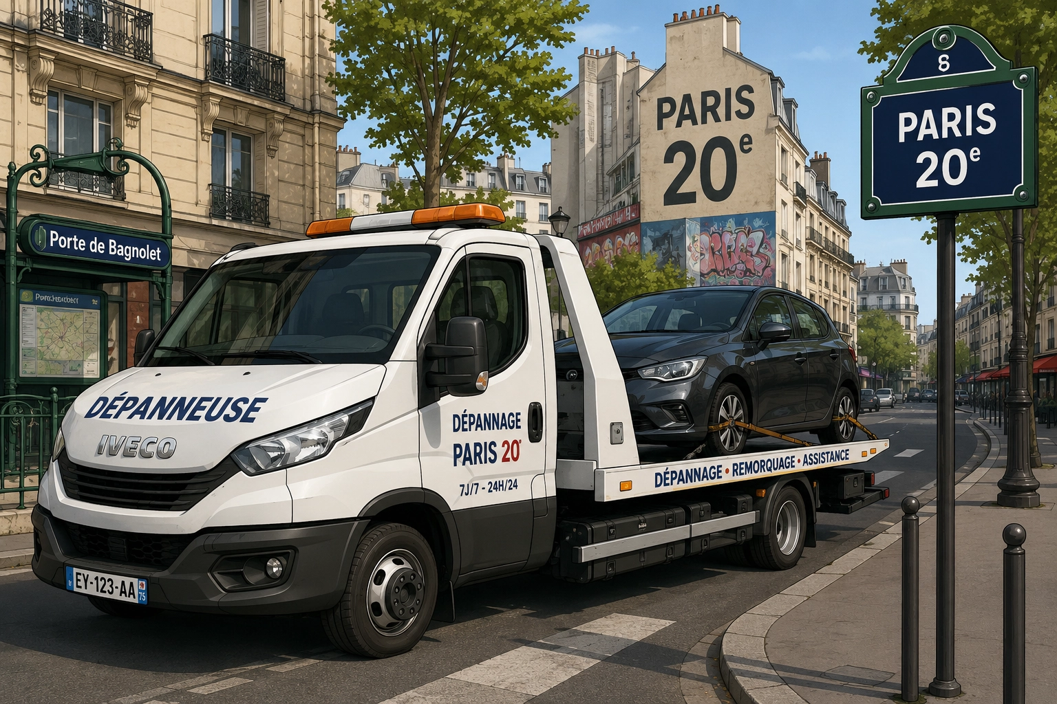 Dépanneuse Fast Depann chargeant une voiture sur plateau dans le 20e arrondissement de Paris