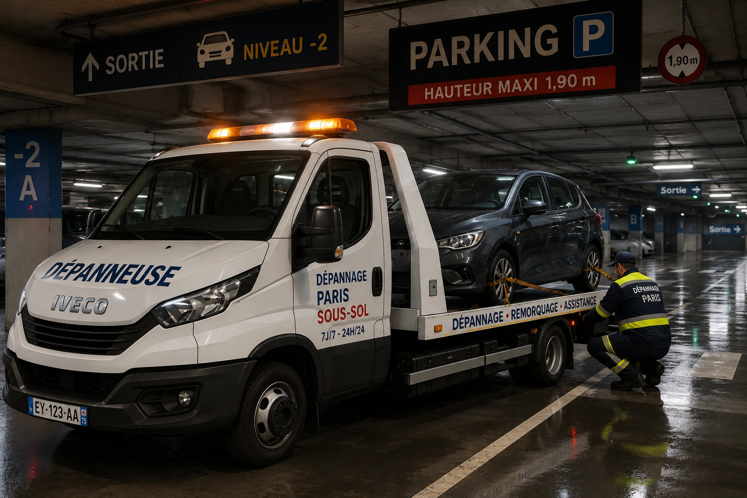 Technicien Fast Depann intervenant sur une voiture immobilisée dans un parking souterrain