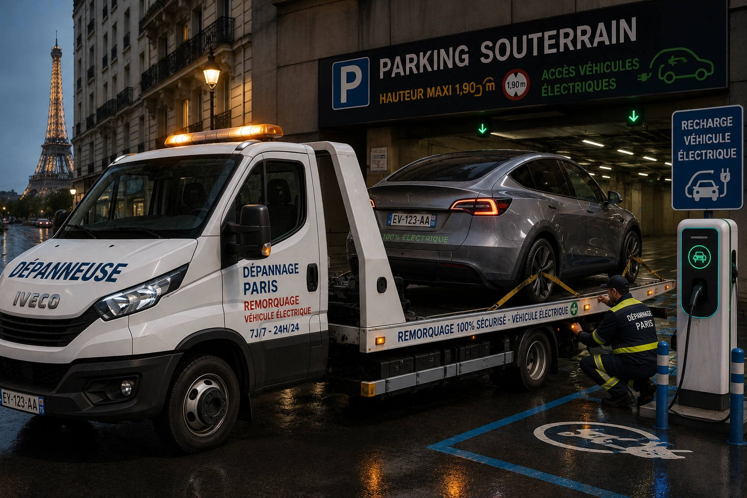 Voiture électrique chargée sur une dépanneuse plateau Fast Depann
