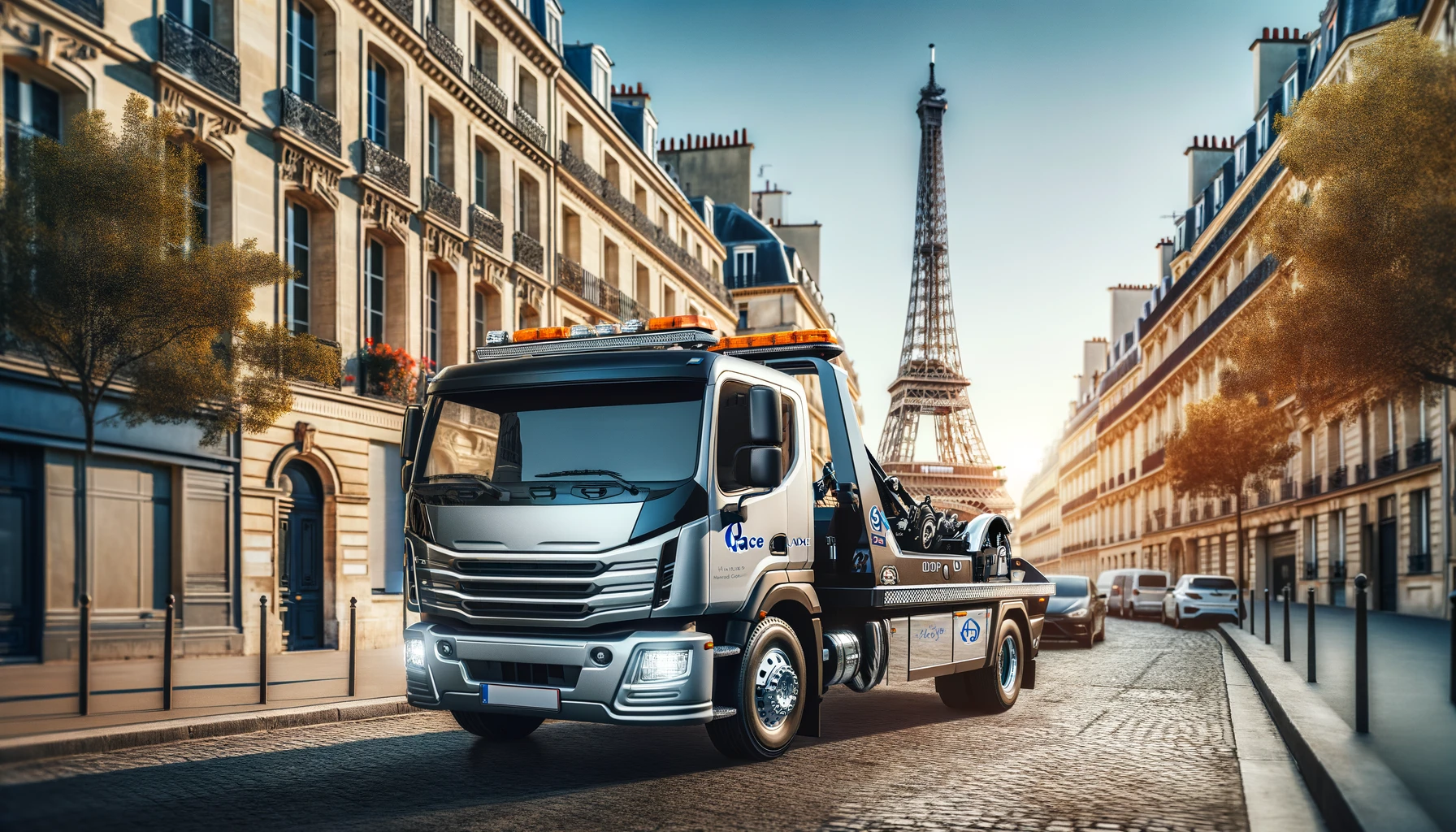 L'image montre une dépanneuse moderne dans les rues de Paris avec la tour Eiffel en arrière-plan. Le camion est équipé pour le remorquage et porte un logo d'entreprise. La scène se déroule en journée, entourée d'architecture parisienne typique, sous un ciel clair.