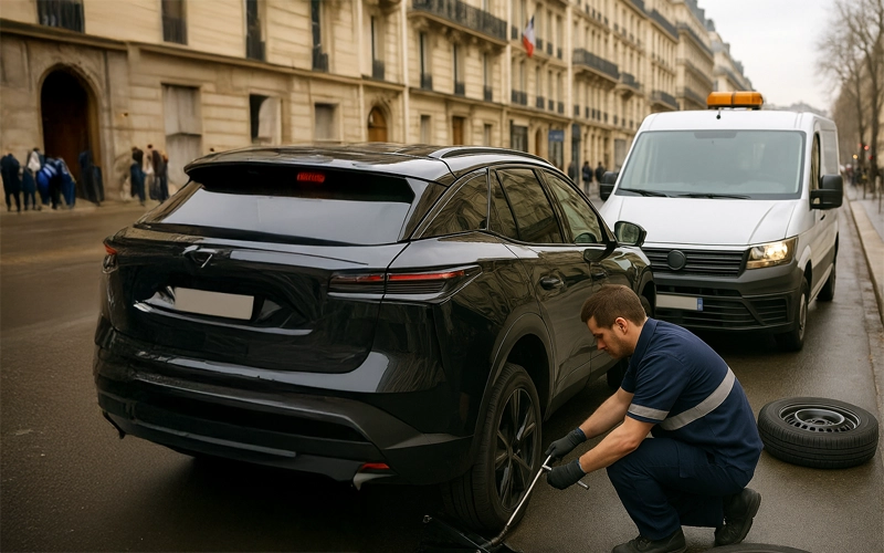 Changement de roue sur le boulevard Haussmann à Paris 9