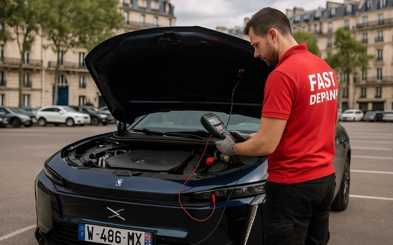Test de batterie par un technicien Fast Depann dans un parking de Paris 9