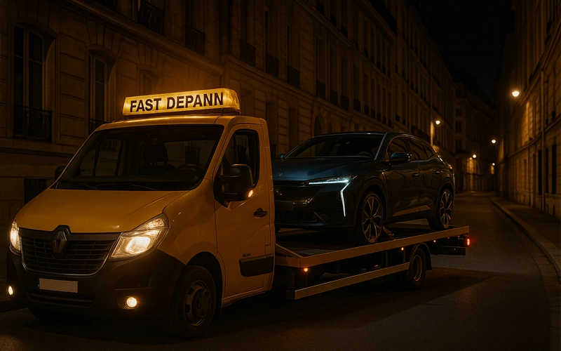 Remorquage plateau Fast Depann dans les rues de Paris 9 de nuit